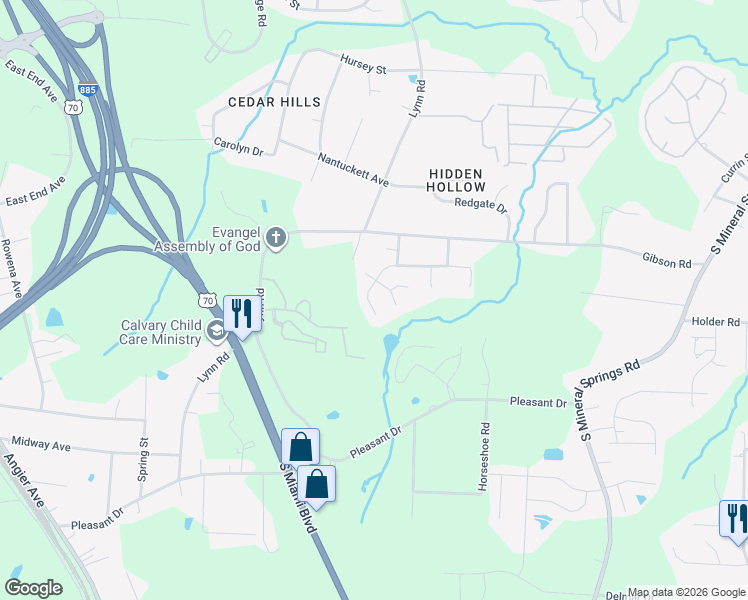 map of restaurants, bars, coffee shops, grocery stores, and more near 2916 Forrestal Drive in Durham