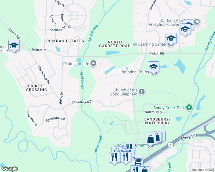 map of restaurants, bars, coffee shops, grocery stores, and more near 1025 Wood Owl Way in Durham