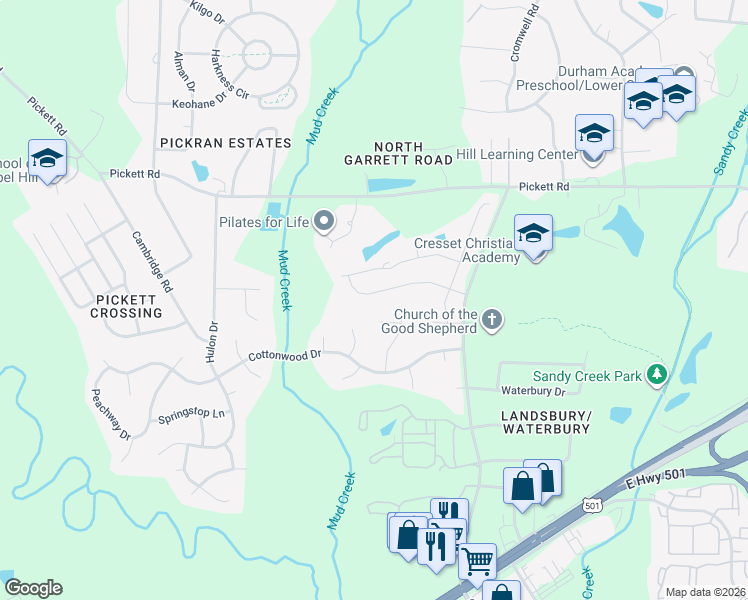 map of restaurants, bars, coffee shops, grocery stores, and more near 1025 Wood Owl Way in Durham