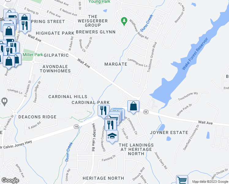 map of restaurants, bars, coffee shops, grocery stores, and more near 968 Wait Avenue in Wake Forest