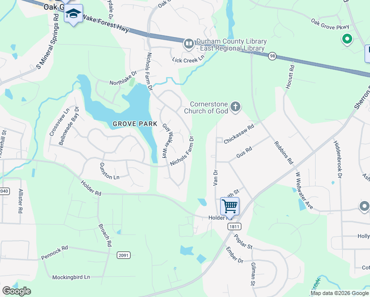map of restaurants, bars, coffee shops, grocery stores, and more near 10 Wateroaks Court in Durham