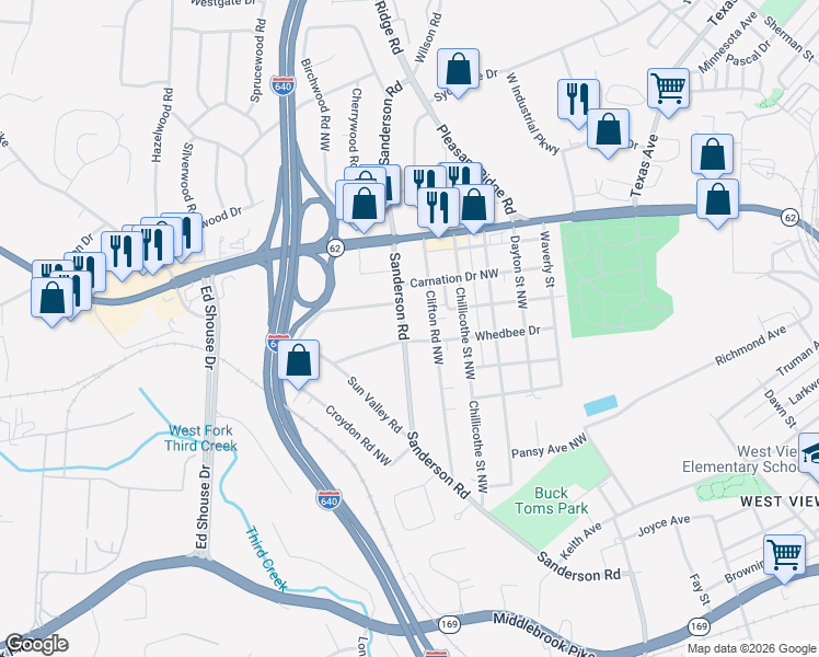 map of restaurants, bars, coffee shops, grocery stores, and more near 2505 Sanderson Road in Knoxville