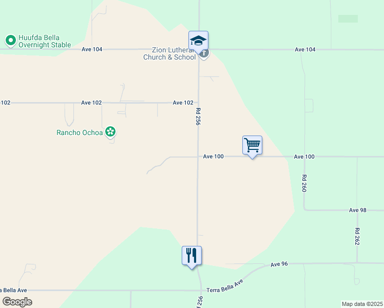 map of restaurants, bars, coffee shops, grocery stores, and more near 10007 Road 256 in Terra Bella