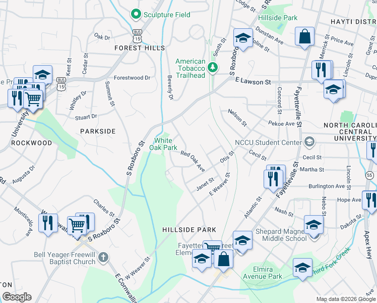 map of restaurants, bars, coffee shops, grocery stores, and more near 218 Red Oak Avenue in Durham