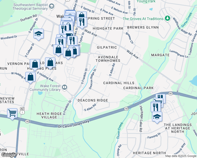 map of restaurants, bars, coffee shops, grocery stores, and more near 620 Cala Lilly Lane in Wake Forest