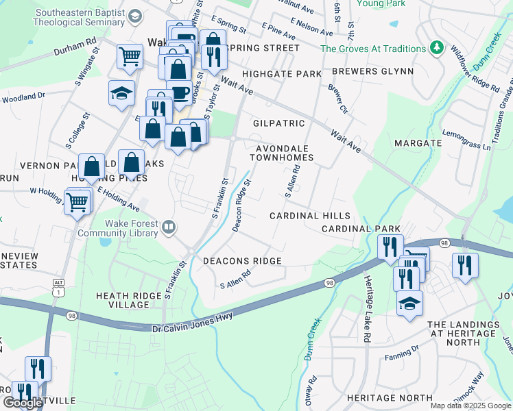 map of restaurants, bars, coffee shops, grocery stores, and more near 620 Cala Lilly Lane in Wake Forest