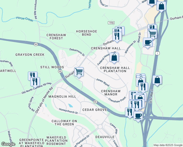 map of restaurants, bars, coffee shops, grocery stores, and more near 1010 Jones Wynd in Wake Forest