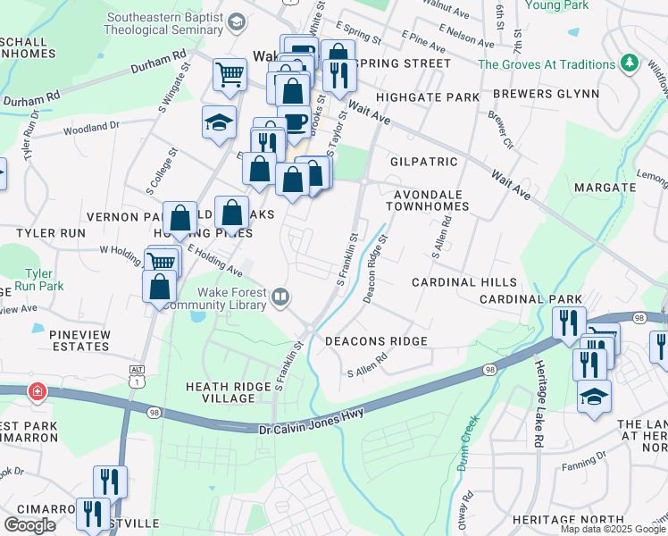 map of restaurants, bars, coffee shops, grocery stores, and more near 485 Triumph Lane in Wake Forest