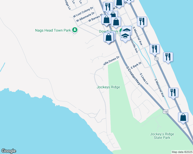map of restaurants, bars, coffee shops, grocery stores, and more near 313 Villa Dunes Drive in Nags Head