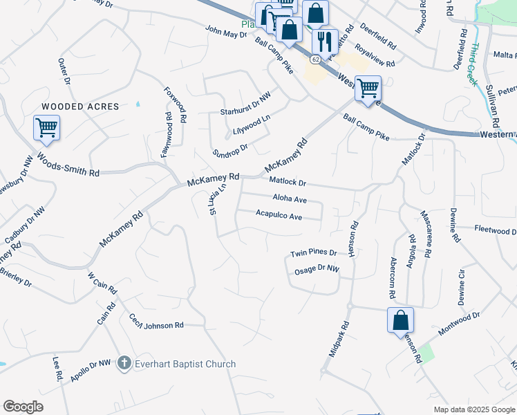 map of restaurants, bars, coffee shops, grocery stores, and more near 5749 Acapulco Avenue in Knoxville