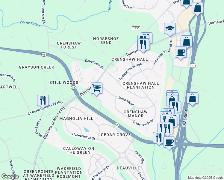 map of restaurants, bars, coffee shops, grocery stores, and more near 1010 Jones Wynd in Wake Forest