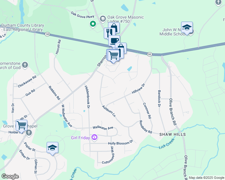 map of restaurants, bars, coffee shops, grocery stores, and more near 113 Woodtrellis Court in Durham