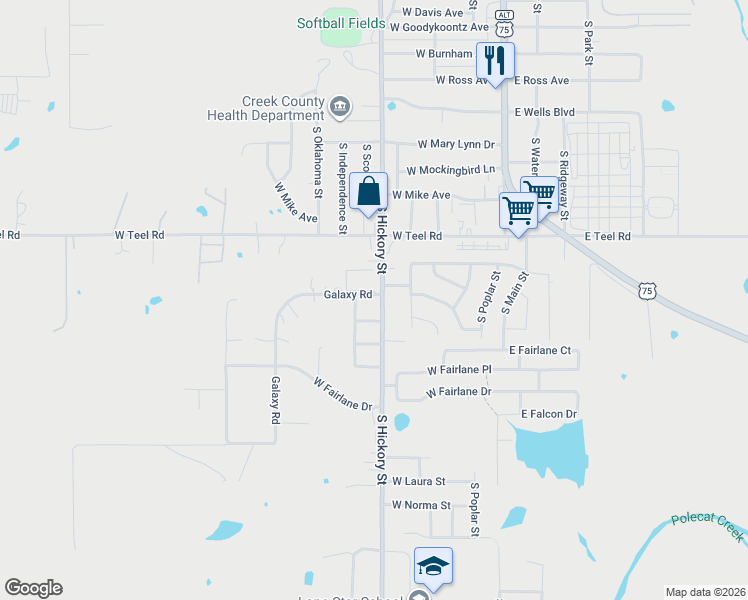 map of restaurants, bars, coffee shops, grocery stores, and more near 2325 South Hickory Street in Sapulpa