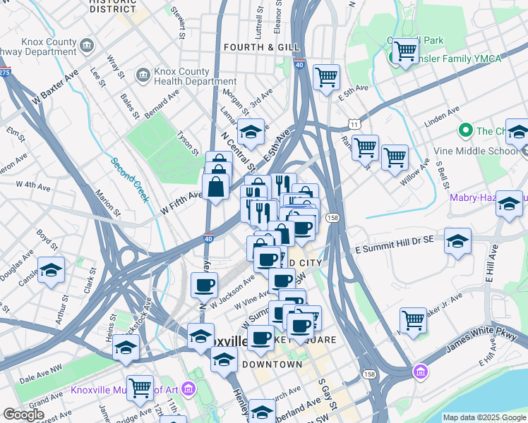 map of restaurants, bars, coffee shops, grocery stores, and more near 209 Common Avenue in Knoxville