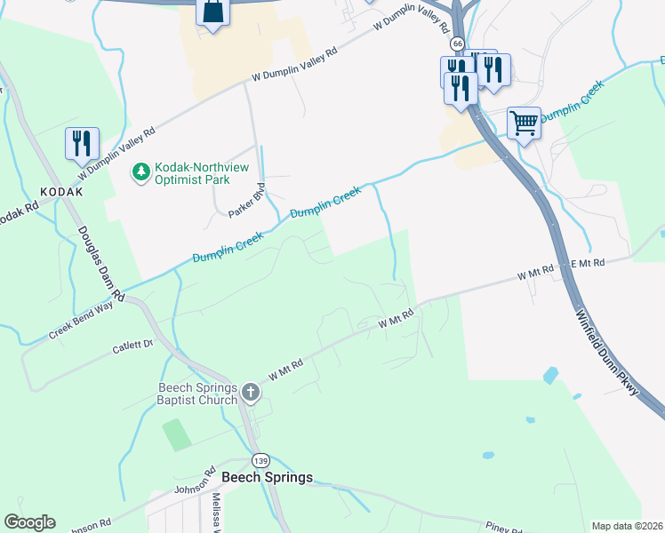 map of restaurants, bars, coffee shops, grocery stores, and more near 246 Clear Creek Road in Kodak