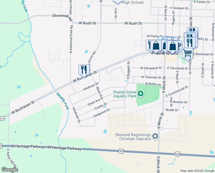 map of restaurants, bars, coffee shops, grocery stores, and more near 702 Herron Street in Prairie Grove