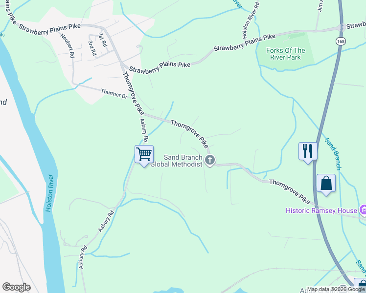 map of restaurants, bars, coffee shops, grocery stores, and more near 2215 Thorngrove Pike in Knoxville