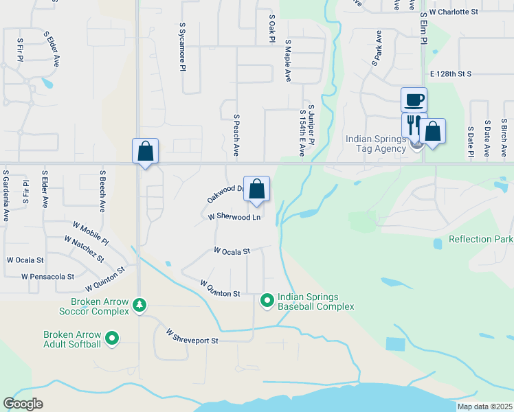 map of restaurants, bars, coffee shops, grocery stores, and more near 8413 South Fawnwood Court in Broken Arrow