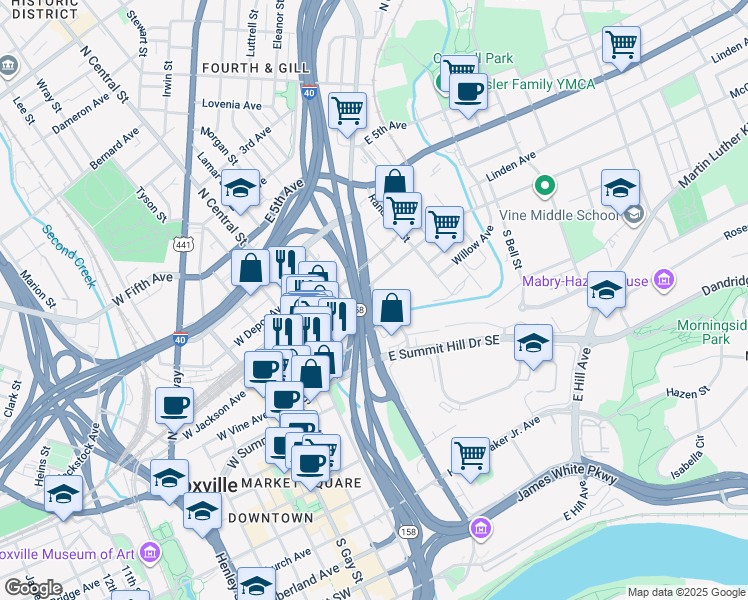 map of restaurants, bars, coffee shops, grocery stores, and more near 4 Hall of Fame Drive in Knoxville