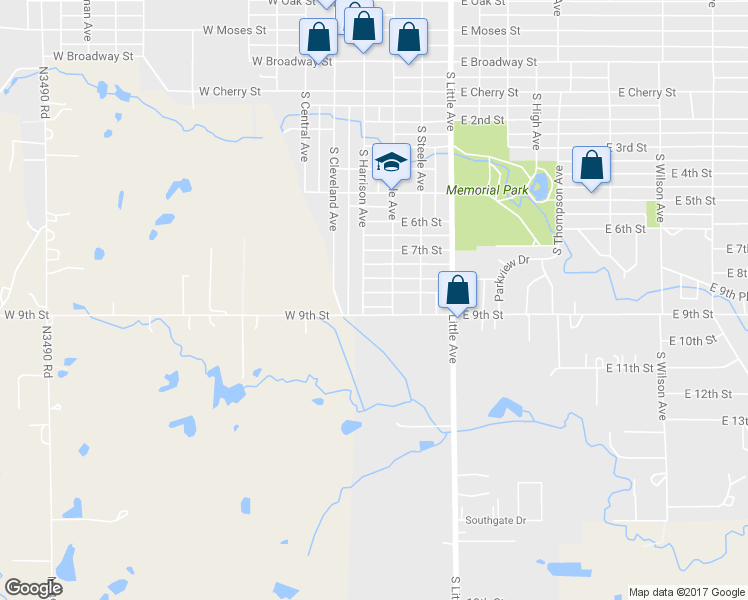 map of restaurants, bars, coffee shops, grocery stores, and more near 208 East 9th Place in Cushing