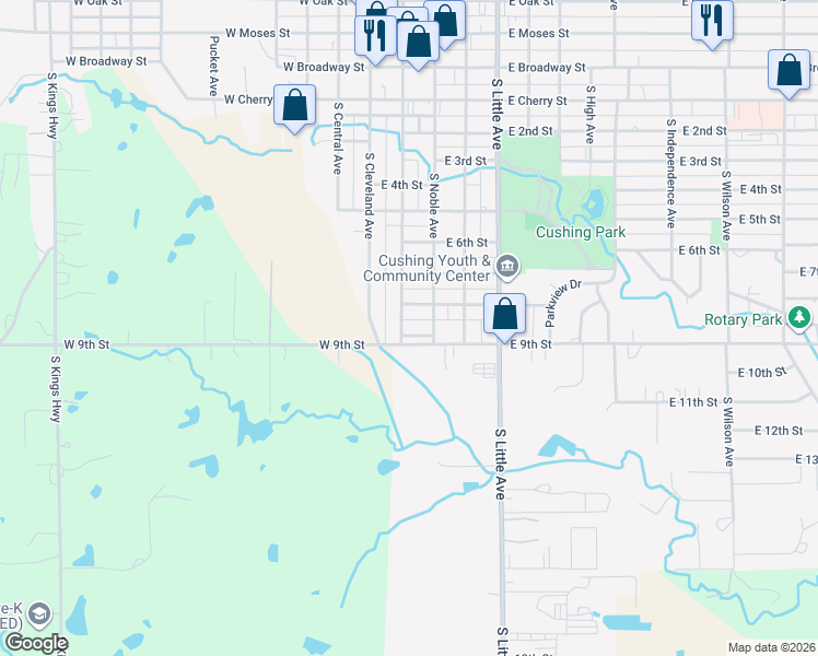 map of restaurants, bars, coffee shops, grocery stores, and more near 208 East 9th Place in Cushing