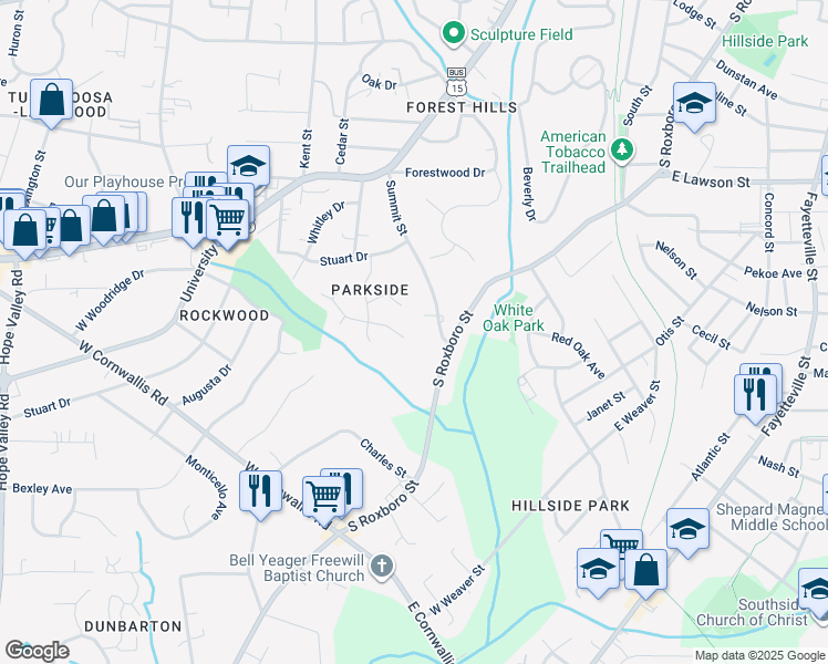 map of restaurants, bars, coffee shops, grocery stores, and more near 2102 Meade Lane in Durham