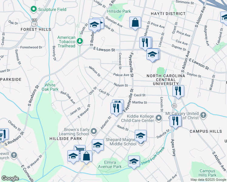 map of restaurants, bars, coffee shops, grocery stores, and more near 2209 Concord Street in Durham