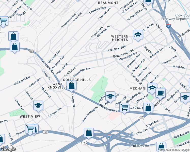 map of restaurants, bars, coffee shops, grocery stores, and more near 2121 Ridgebrook Lane in Knoxville
