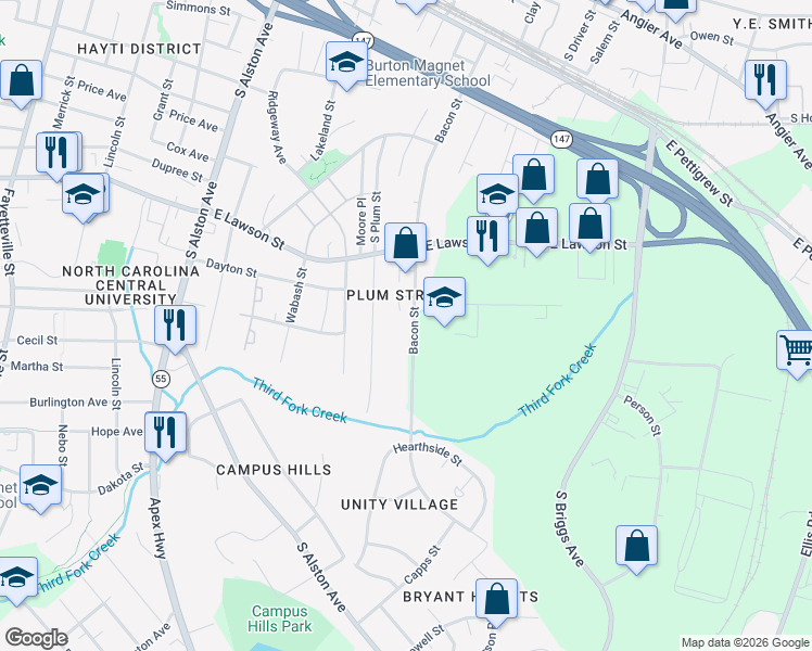 map of restaurants, bars, coffee shops, grocery stores, and more near 1400 Truman Street in Durham