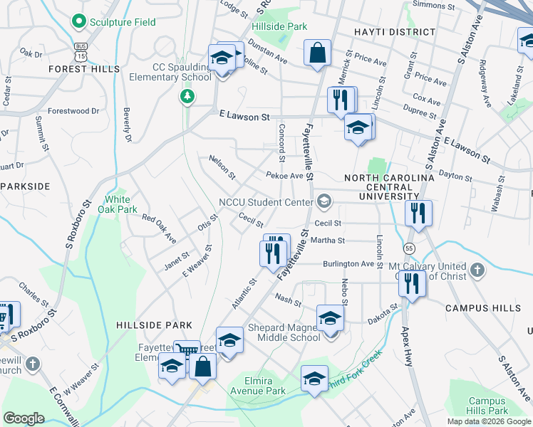 map of restaurants, bars, coffee shops, grocery stores, and more near 2209 Concord Street in Durham