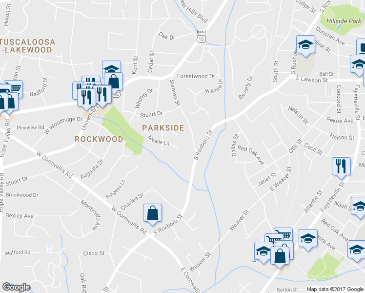 map of restaurants, bars, coffee shops, grocery stores, and more near 2100 Meade Lane in Durham