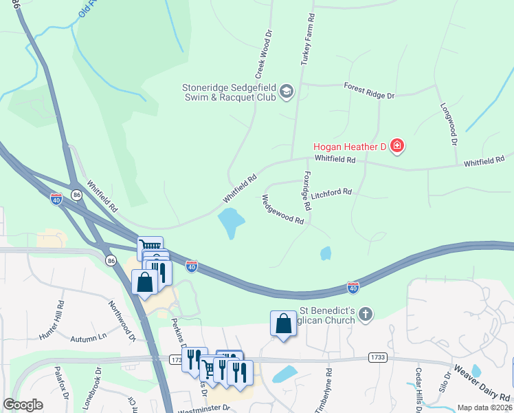 map of restaurants, bars, coffee shops, grocery stores, and more near 24 Wedgewood Road in Chapel Hill