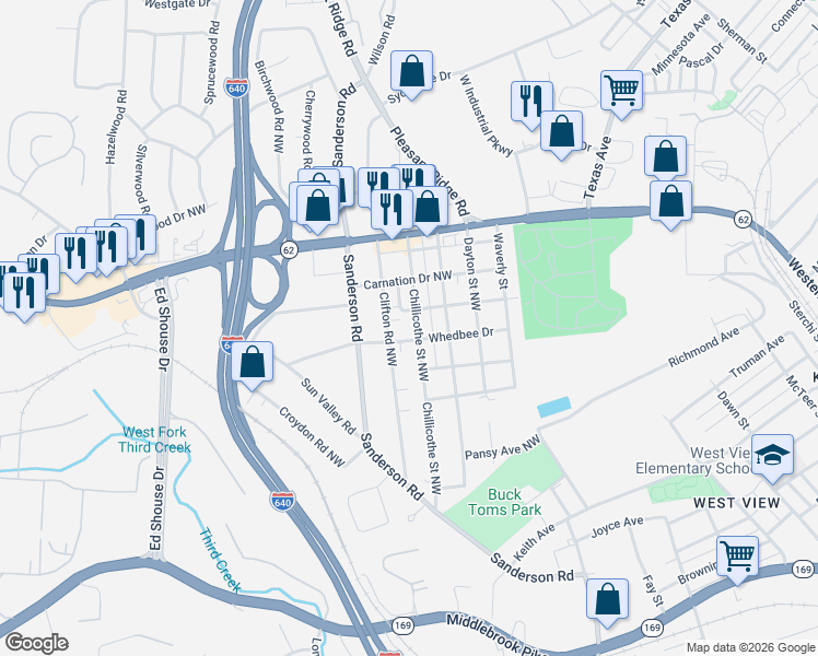 map of restaurants, bars, coffee shops, grocery stores, and more near 248 Clifton Road Northwest in Knoxville