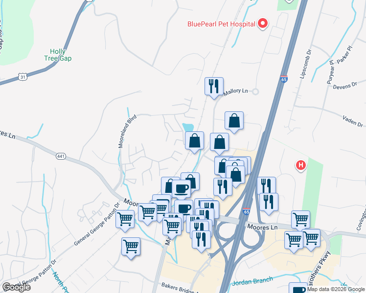 map of restaurants, bars, coffee shops, grocery stores, and more near 1622 Crystal Lake Drive in Brentwood