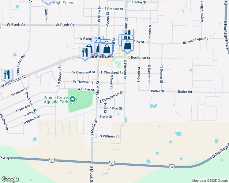 map of restaurants, bars, coffee shops, grocery stores, and more near 315 South Neal Street in Prairie Grove