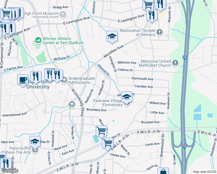 map of restaurants, bars, coffee shops, grocery stores, and more near 609 Ellwood Drive in High Point