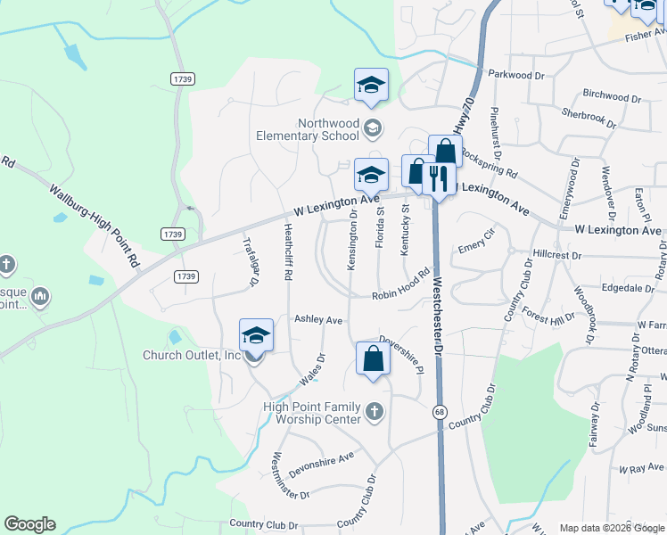 map of restaurants, bars, coffee shops, grocery stores, and more near 1310 Robinhood Road in High Point
