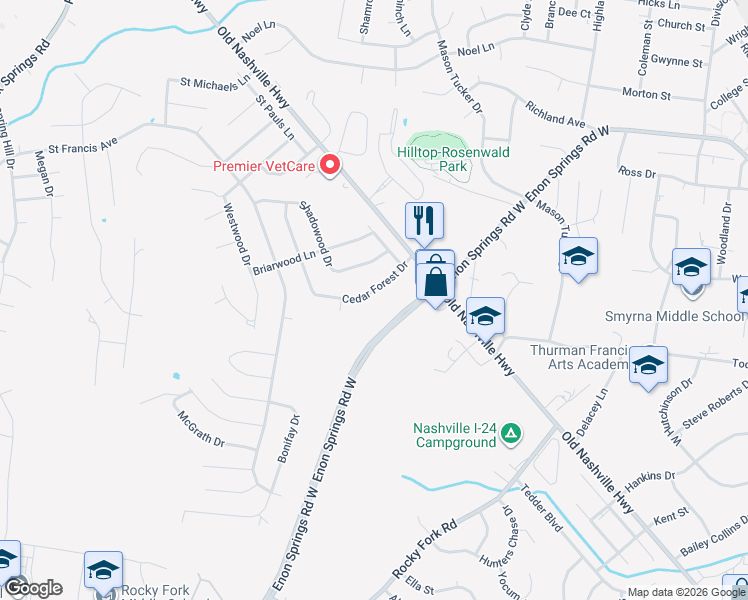 map of restaurants, bars, coffee shops, grocery stores, and more near 117 Cedar Forest Drive in Smyrna