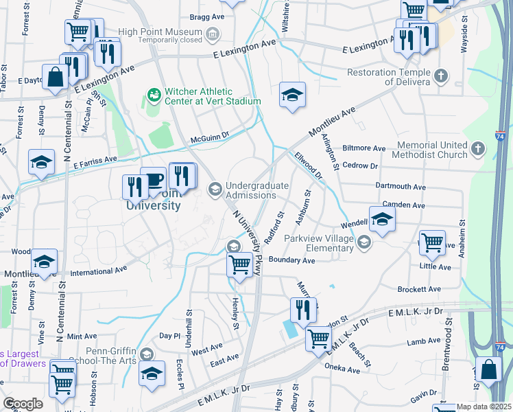 map of restaurants, bars, coffee shops, grocery stores, and more near 1015 Meadowbrook Boulevard in High Point
