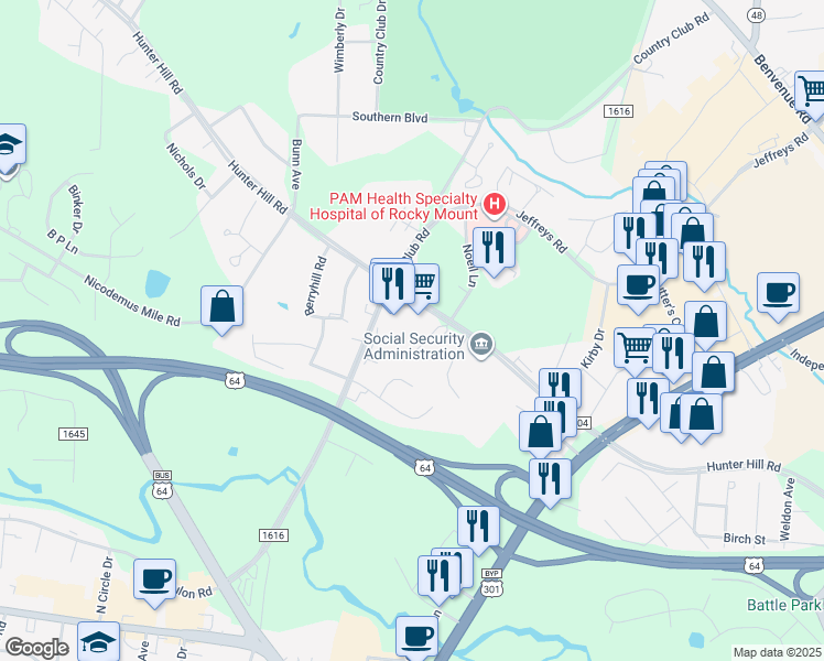 map of restaurants, bars, coffee shops, grocery stores, and more near 1441 Hunter Hill Road in Rocky Mount
