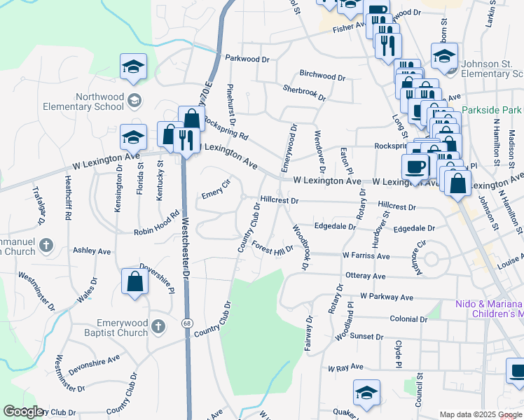 map of restaurants, bars, coffee shops, grocery stores, and more near 1014 Country Club Drive in High Point