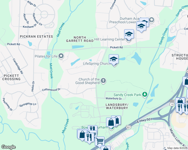 map of restaurants, bars, coffee shops, grocery stores, and more near 3720 Garrett Road in Durham