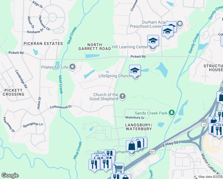 map of restaurants, bars, coffee shops, grocery stores, and more near 3720 Garrett Road in Durham