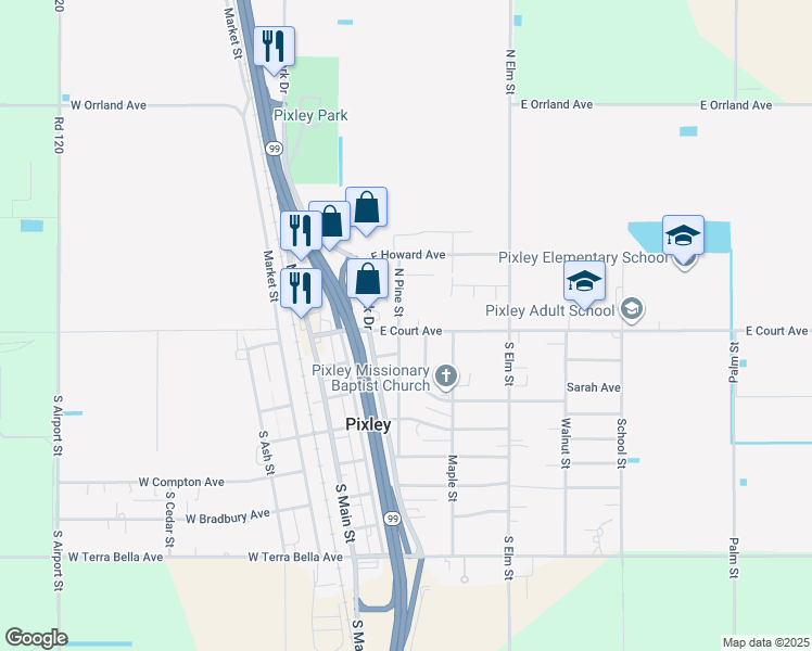 map of restaurants, bars, coffee shops, grocery stores, and more near 156 North Pine Street in Pixley