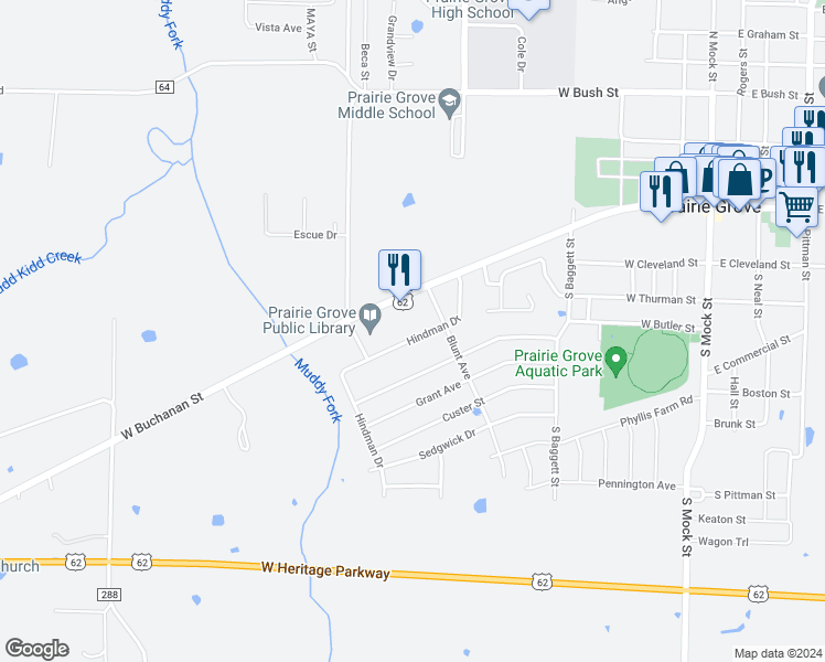 map of restaurants, bars, coffee shops, grocery stores, and more near 806 Hindman Drive in Prairie Grove