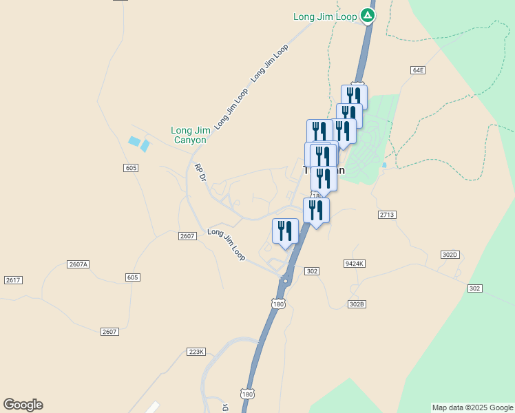 map of restaurants, bars, coffee shops, grocery stores, and more near 270 Memory Lane in Grand Canyon Village