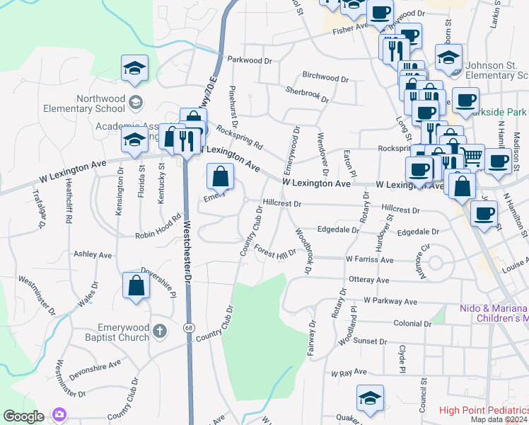 map of restaurants, bars, coffee shops, grocery stores, and more near 1014 Country Club Drive in High Point