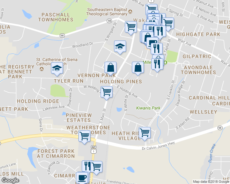 map of restaurants, bars, coffee shops, grocery stores, and more near 109 Dunn Avenue in Wake Forest