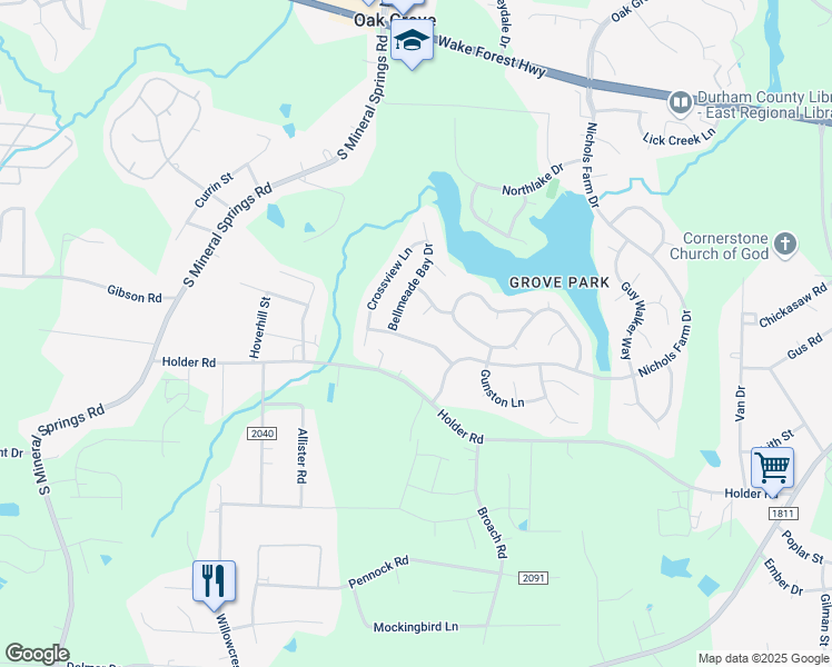 map of restaurants, bars, coffee shops, grocery stores, and more near 112 Leacroft Way in Durham