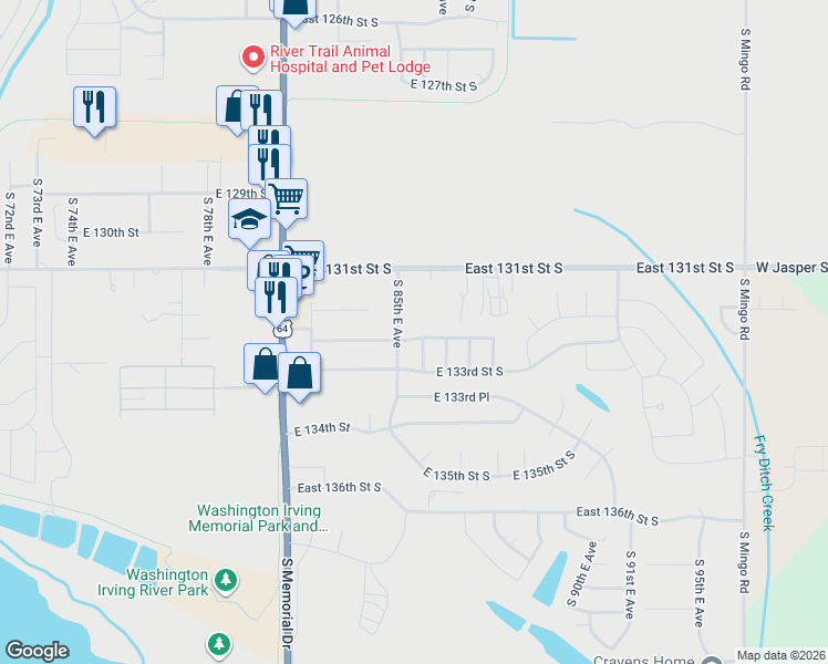 map of restaurants, bars, coffee shops, grocery stores, and more near 8501 East 132nd Street in Bixby